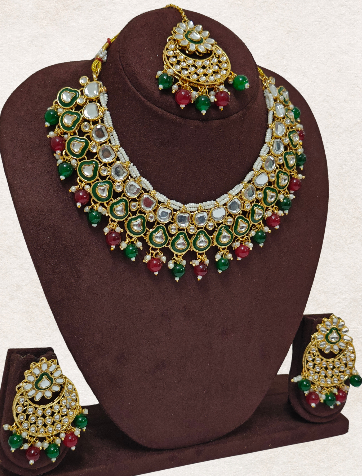 RUBY PINK AND GREEN ARIKA JEWELLERY SET