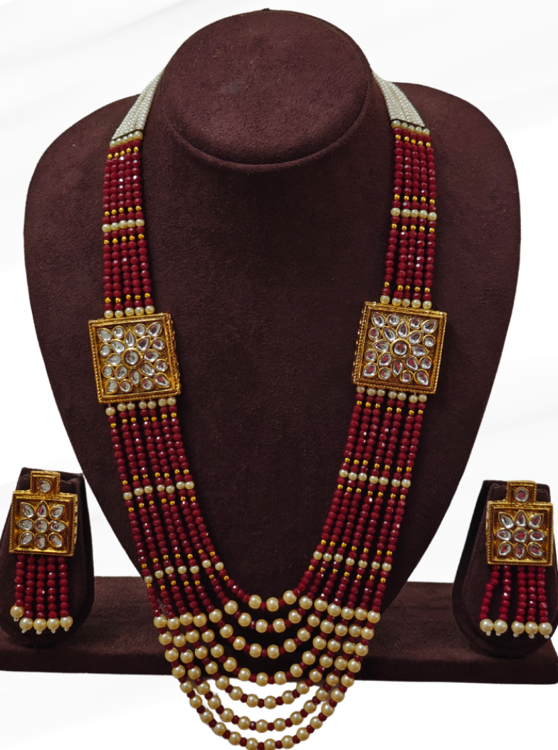 MAROON MAHUA PEARL MALA SET