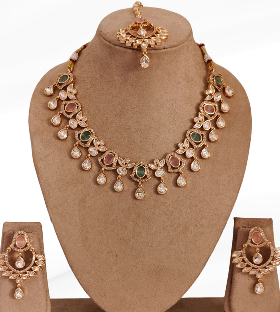 MINT AND PINK DISHA KUNDAN JEWELLERY SET