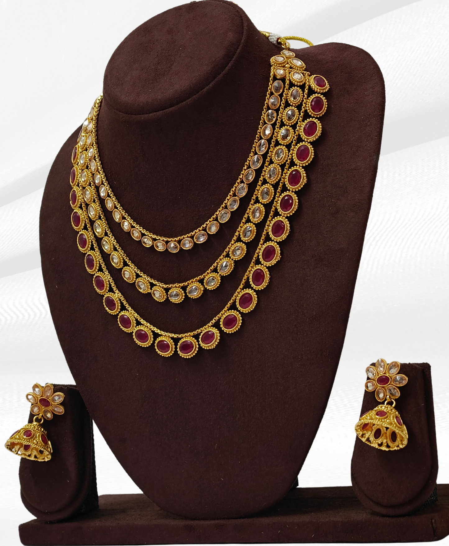 RUBY PINK KHYATI THREE LAYERED JEWELLERY SET