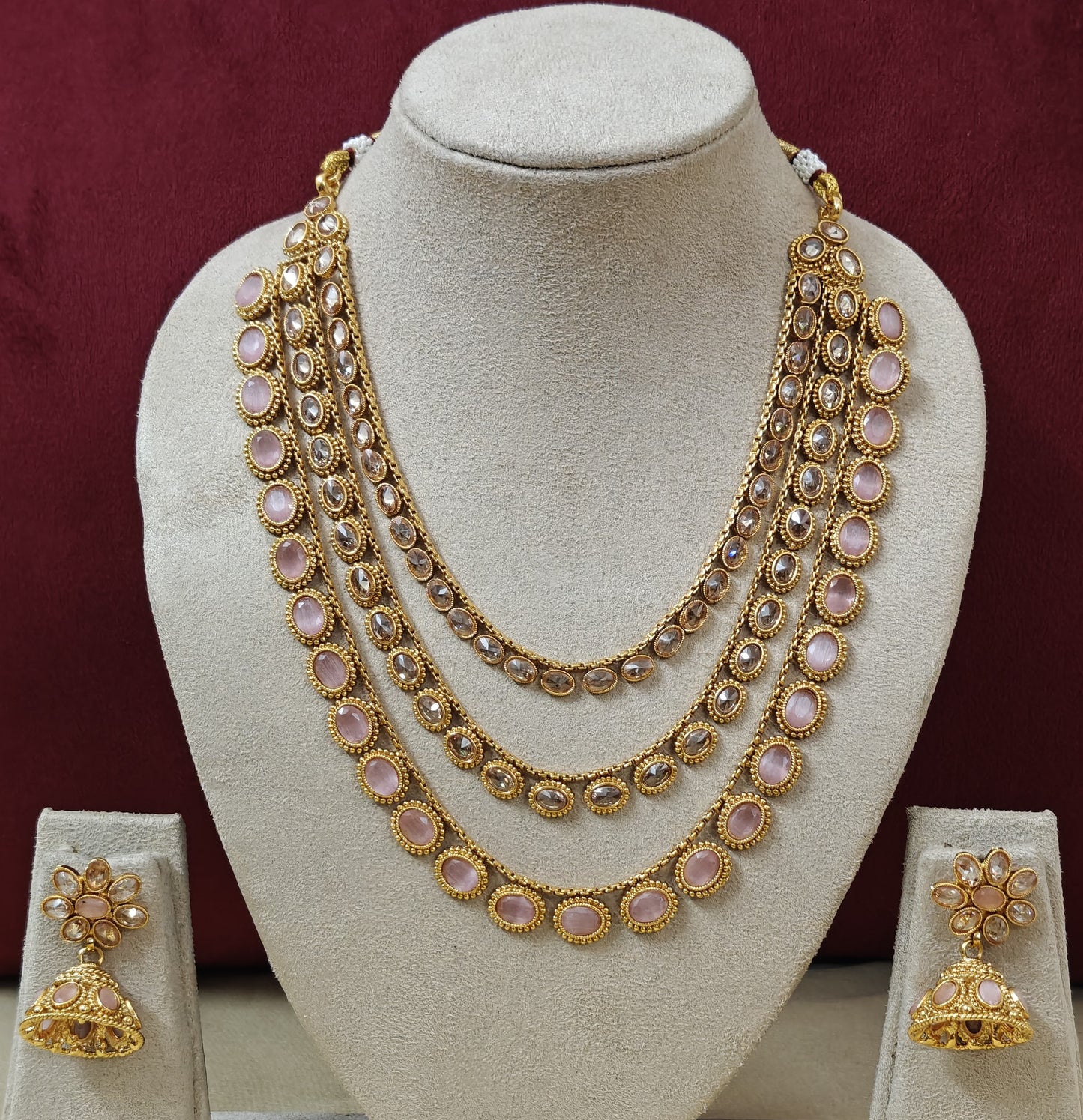 PINK KHYATI THREE LAYERED JEWELLERY SET