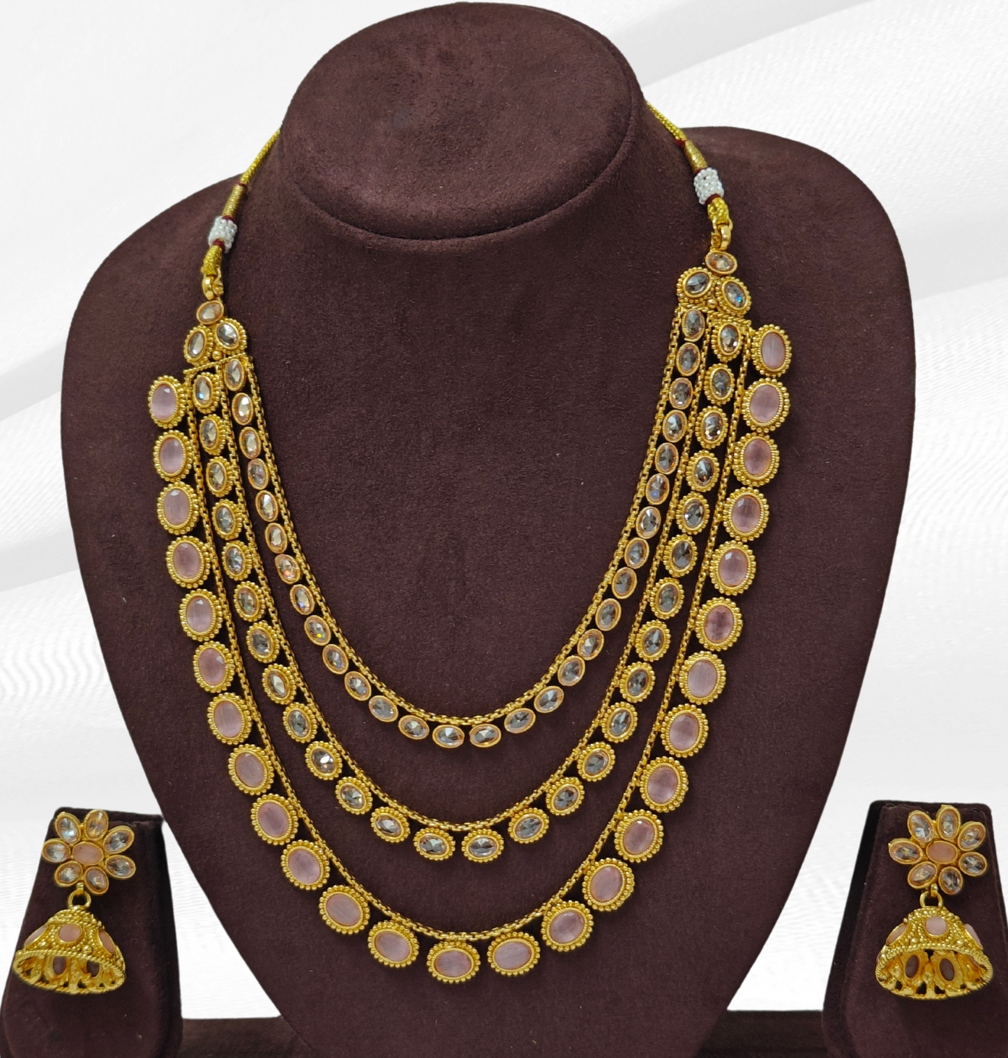 PINK KHYATI THREE LAYERED JEWELLERY SET