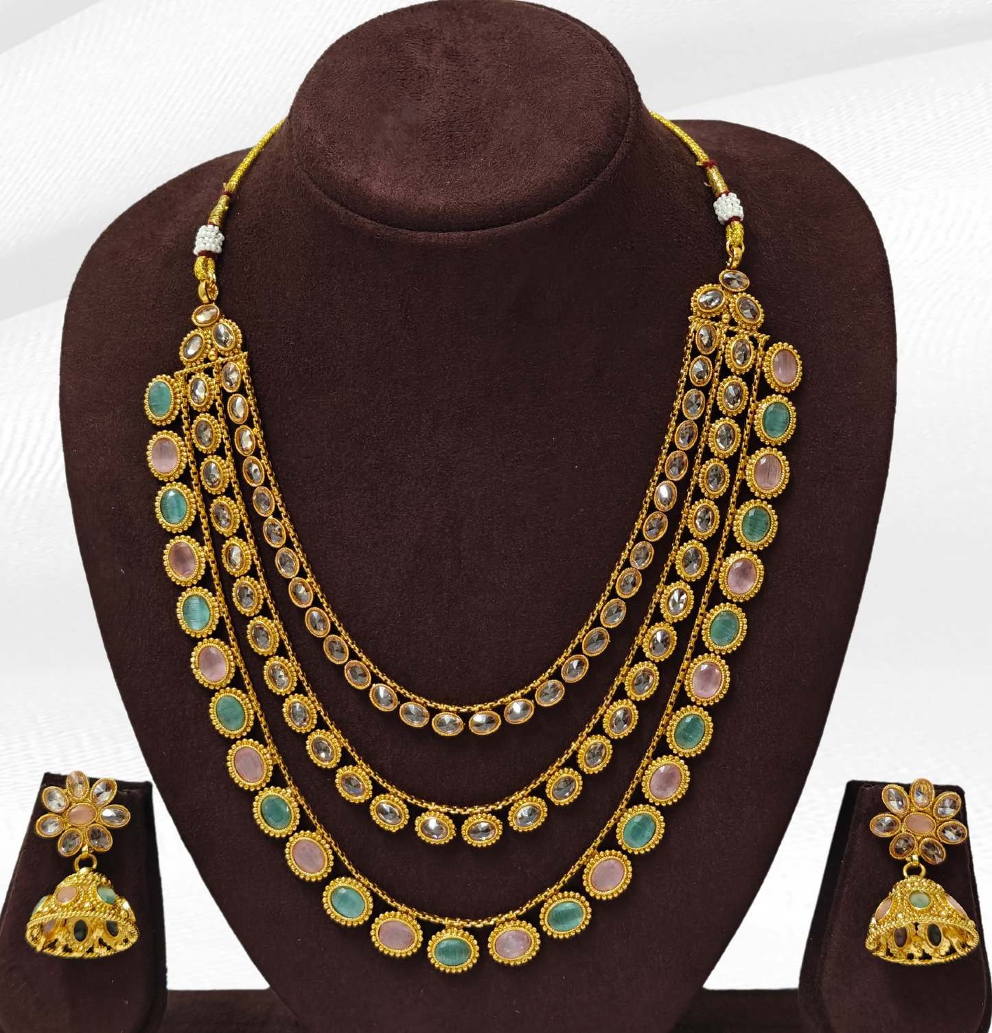 MINT AND PINK KHYATI THREE LAYERED JEWELLERY SET