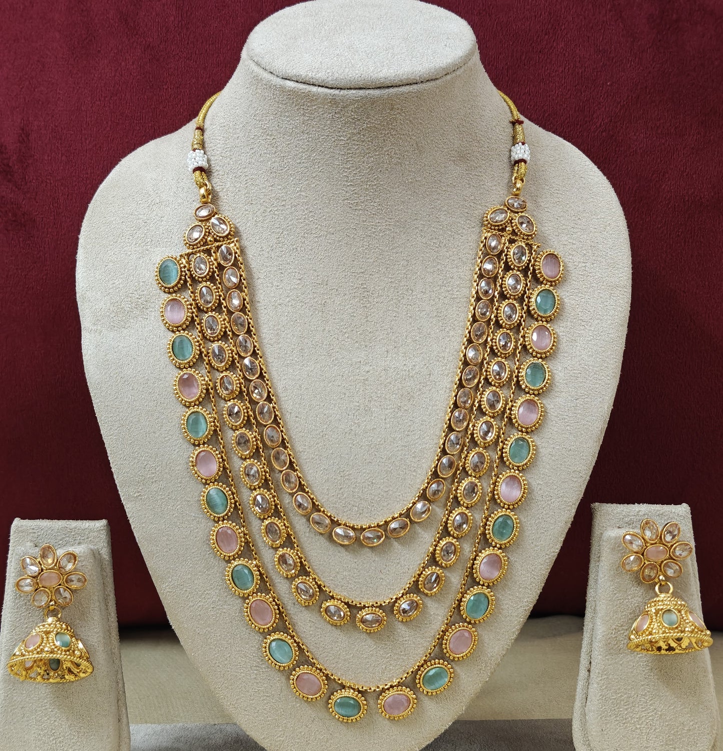 MINT AND PINK KHYATI THREE LAYERED JEWELLERY SET