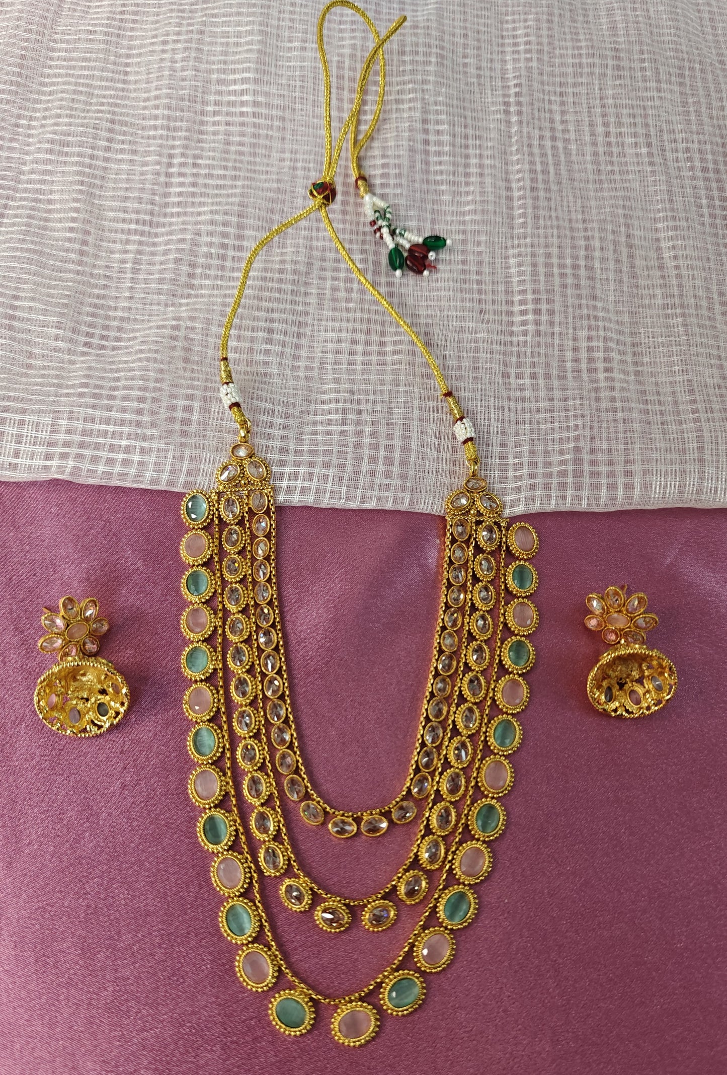 MINT AND PINK KHYATI THREE LAYERED JEWELLERY SET