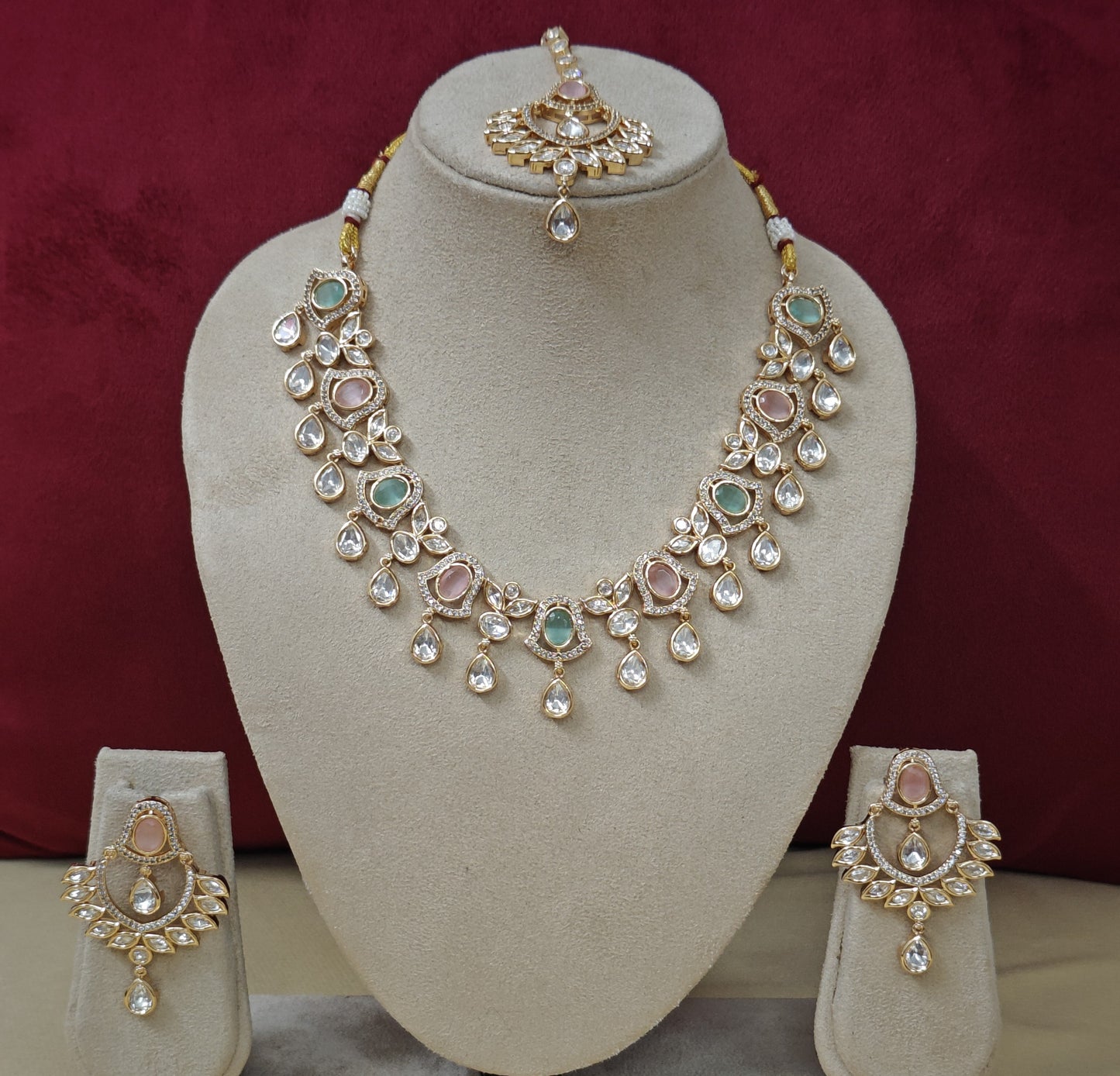 MINT AND PINK DISHA KUNDAN JEWELLERY SET