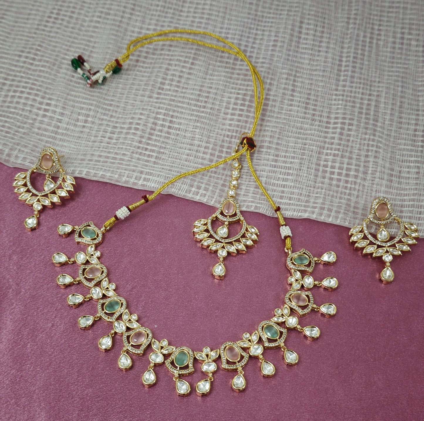 MINT AND PINK DISHA KUNDAN JEWELLERY SET