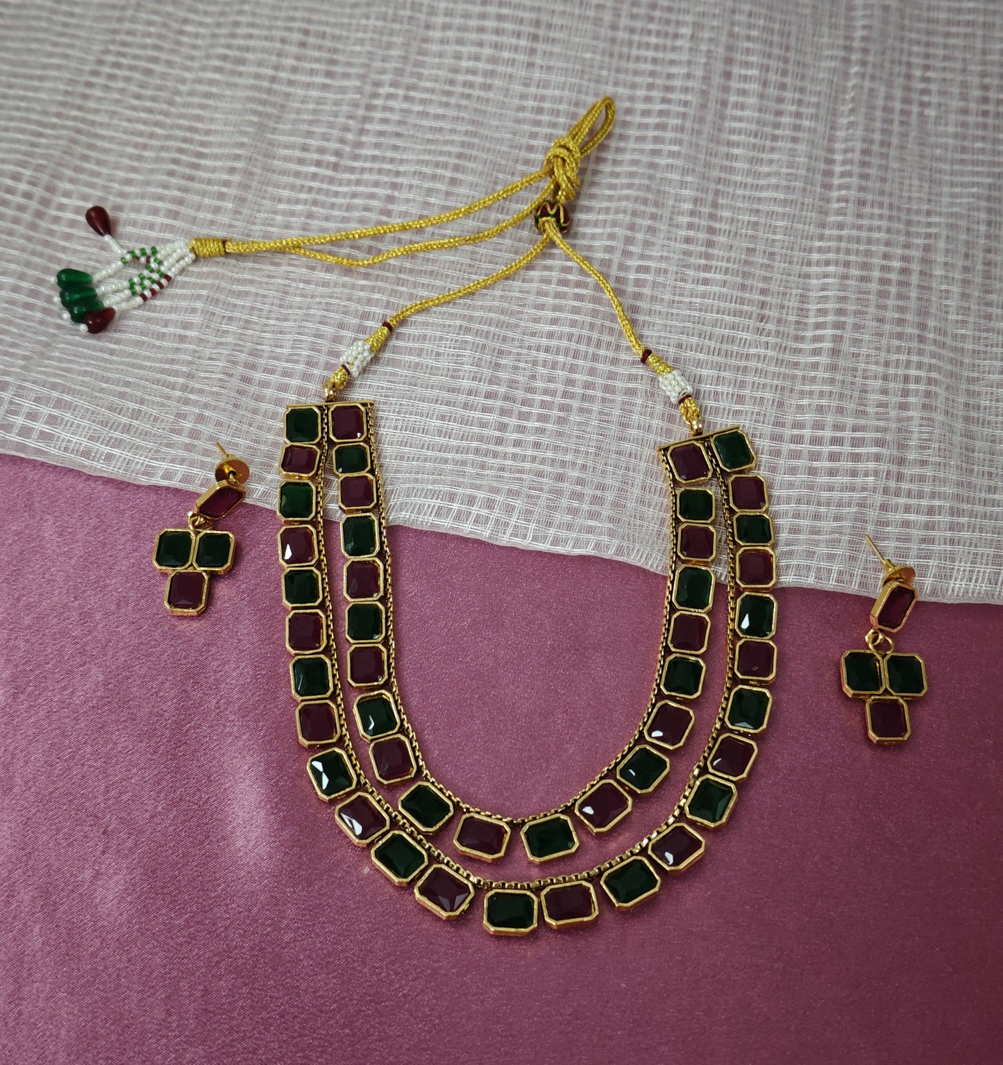 PINK AND GREEN SHRIYA TWO LAYER JEWELLERY SET