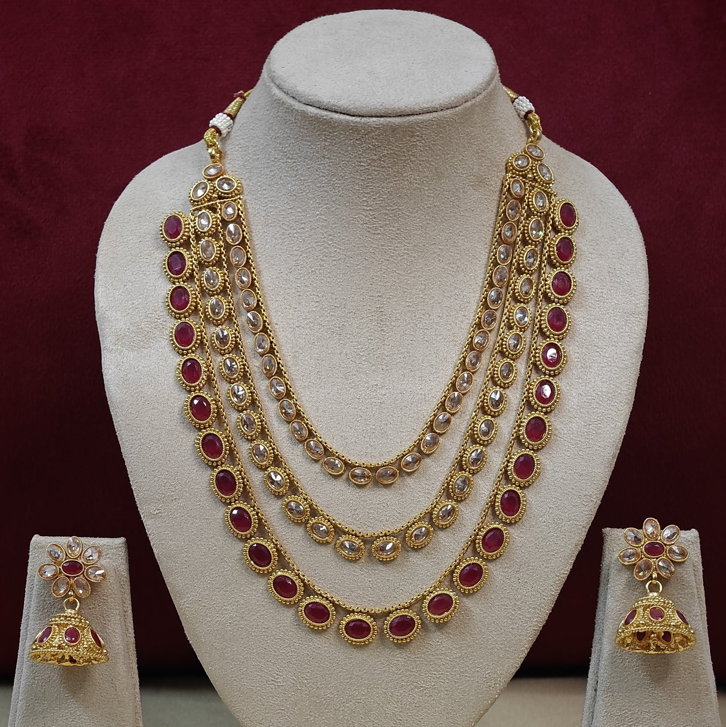 RUBY PINK KHYATI THREE LAYERED JEWELLERY SET