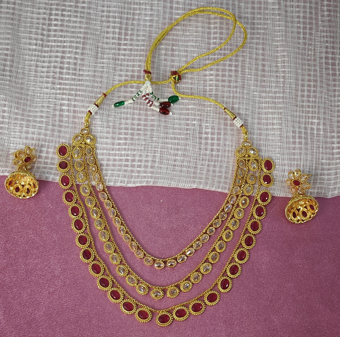 RUBY PINK KHYATI THREE LAYERED JEWELLERY SET