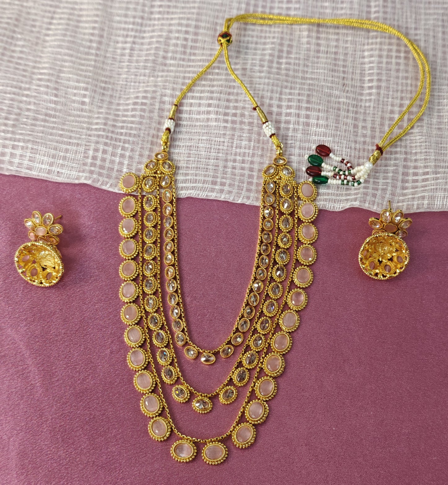 PINK KHYATI THREE LAYERED JEWELLERY SET