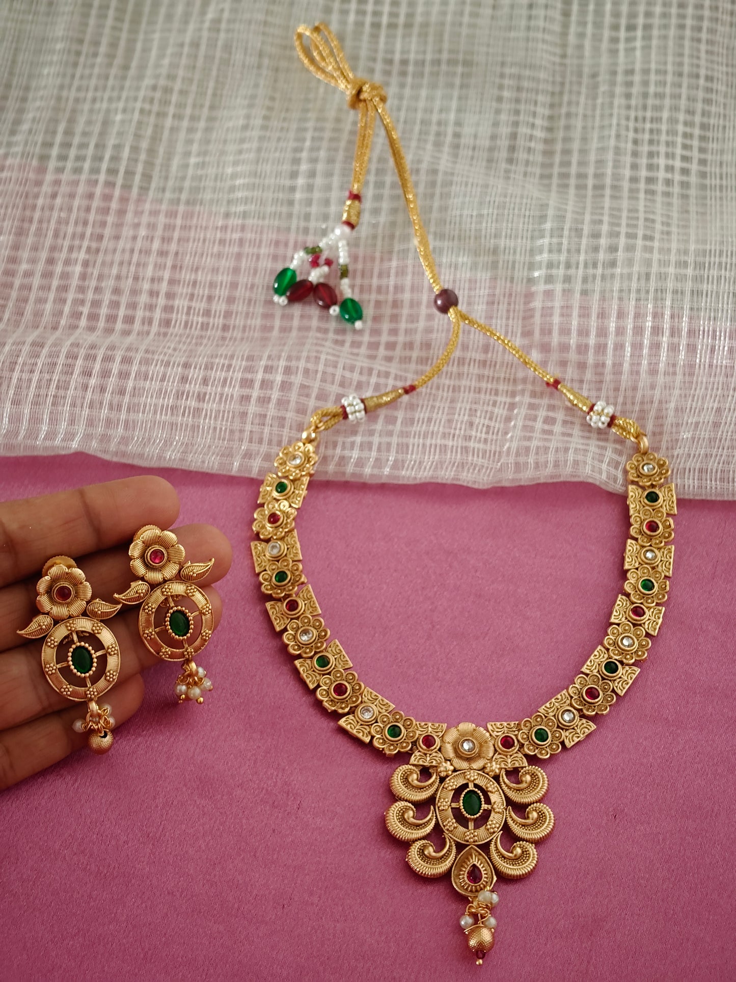 PINK AND GREEN AMAYA RAJWADI JEWELLERY SET