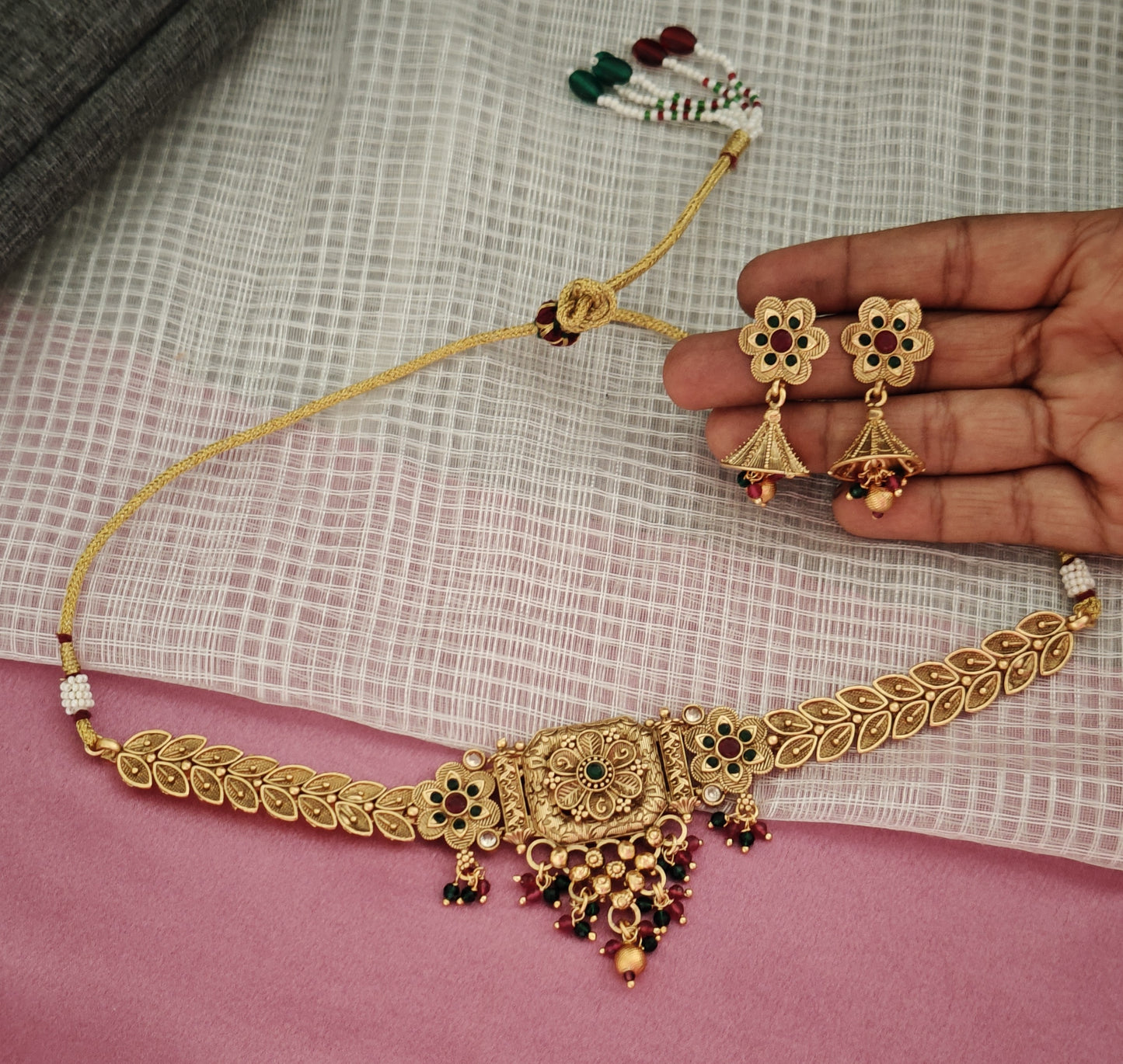 GREEN AND PINK NIHARIKA JEWELLERY SET