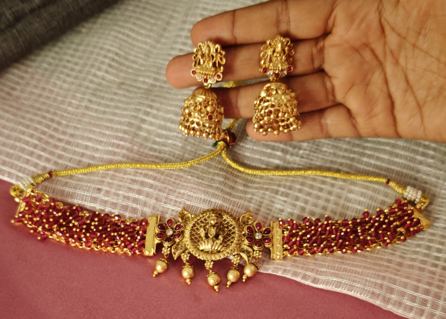 RUBY PINK URVASHI TEMPLE JEWELLERY SET