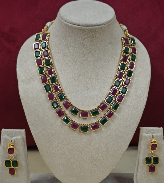 PINK AND GREEN SHRIYA TWO LAYER JEWELLERY SET