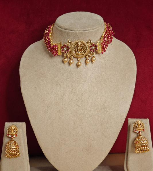 RUBY PINK URVASHI TEMPLE JEWELLERY SET