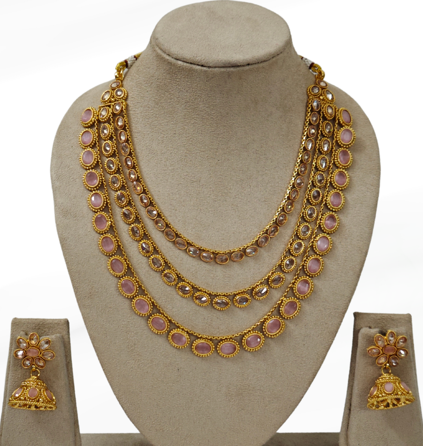 PINK KHYATI THREE LAYERED JEWELLERY SET