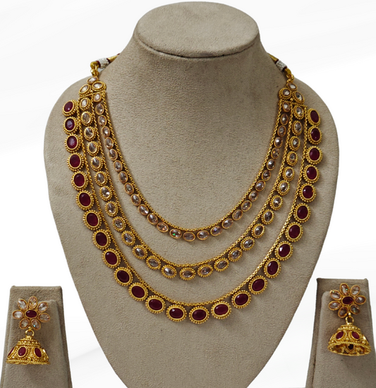 RUBY PINK KHYATI THREE LAYERED JEWELLERY SET