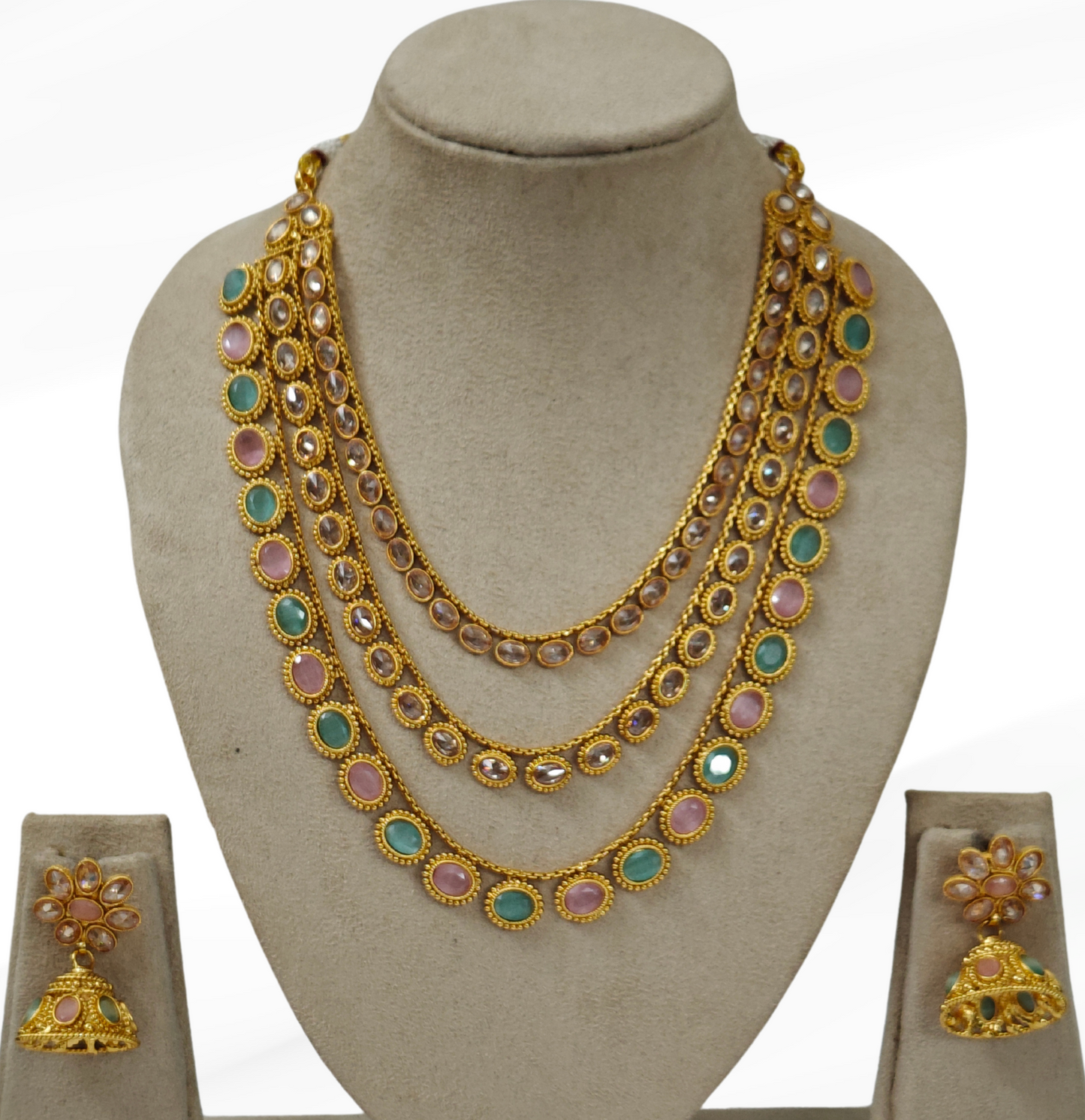 MINT AND PINK KHYATI THREE LAYERED JEWELLERY SET