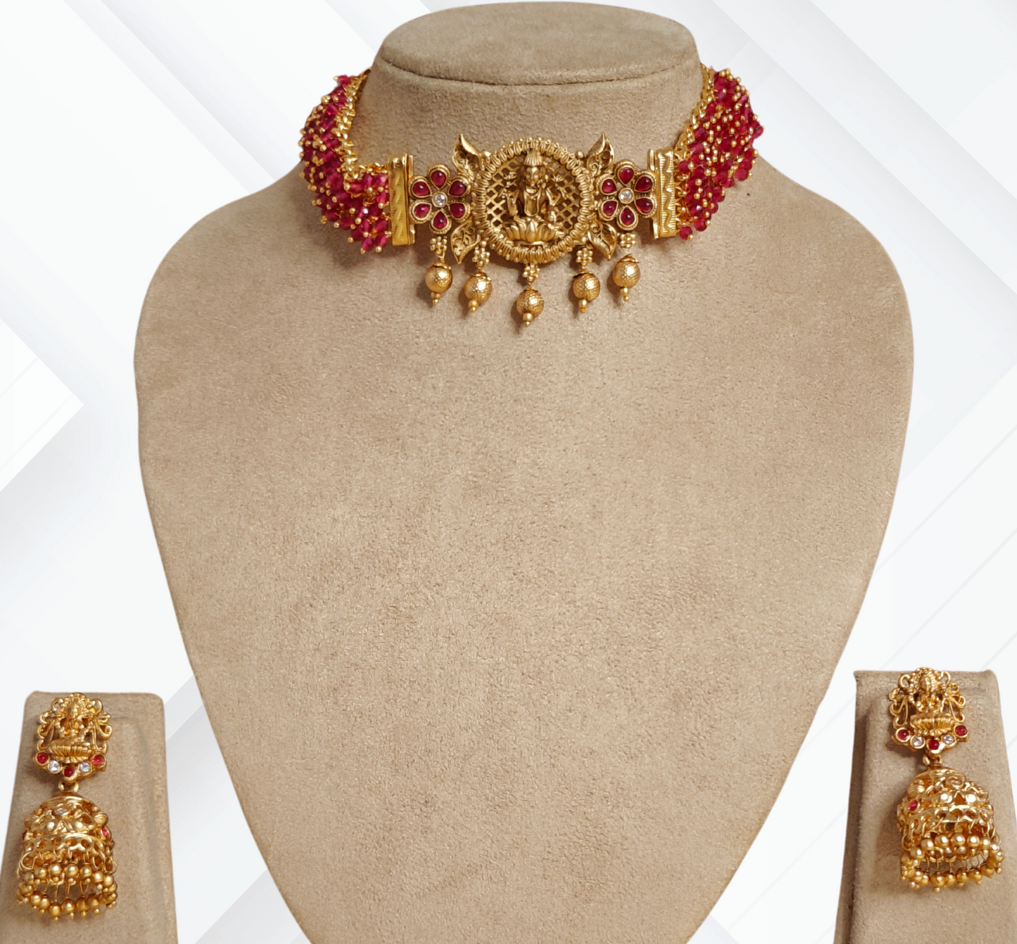 RUBY PINK URVASHI TEMPLE JEWELLERY SET