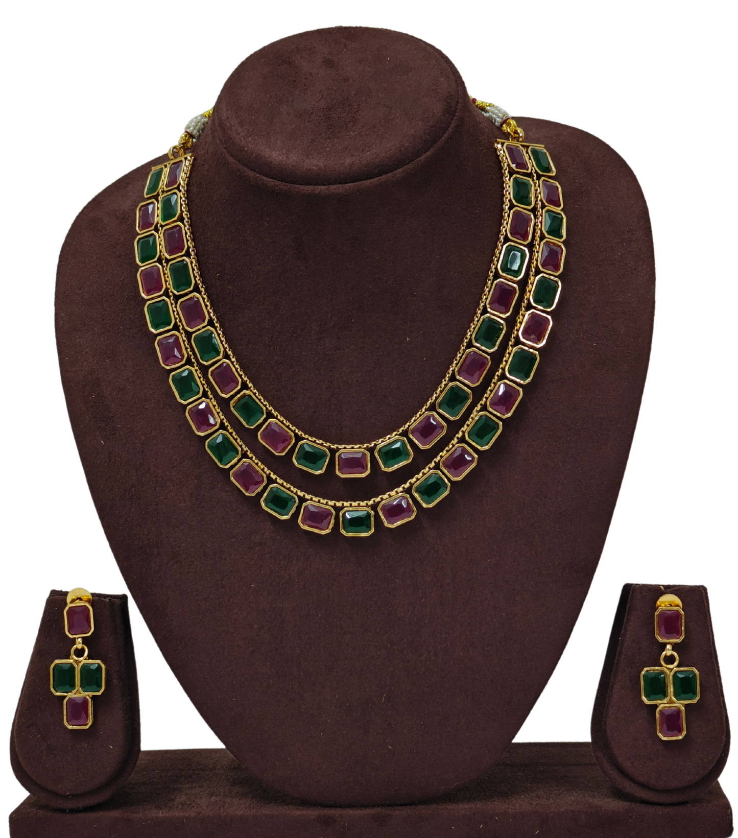 PINK AND GREEN SHRIYA TWO LAYER JEWELLERY SET