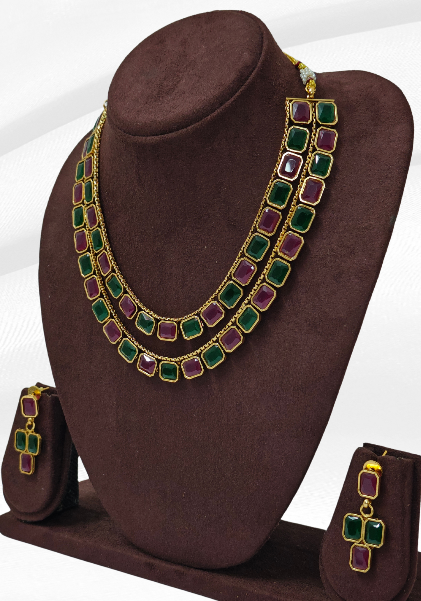 PINK AND GREEN SHRIYA TWO LAYER JEWELLERY SET