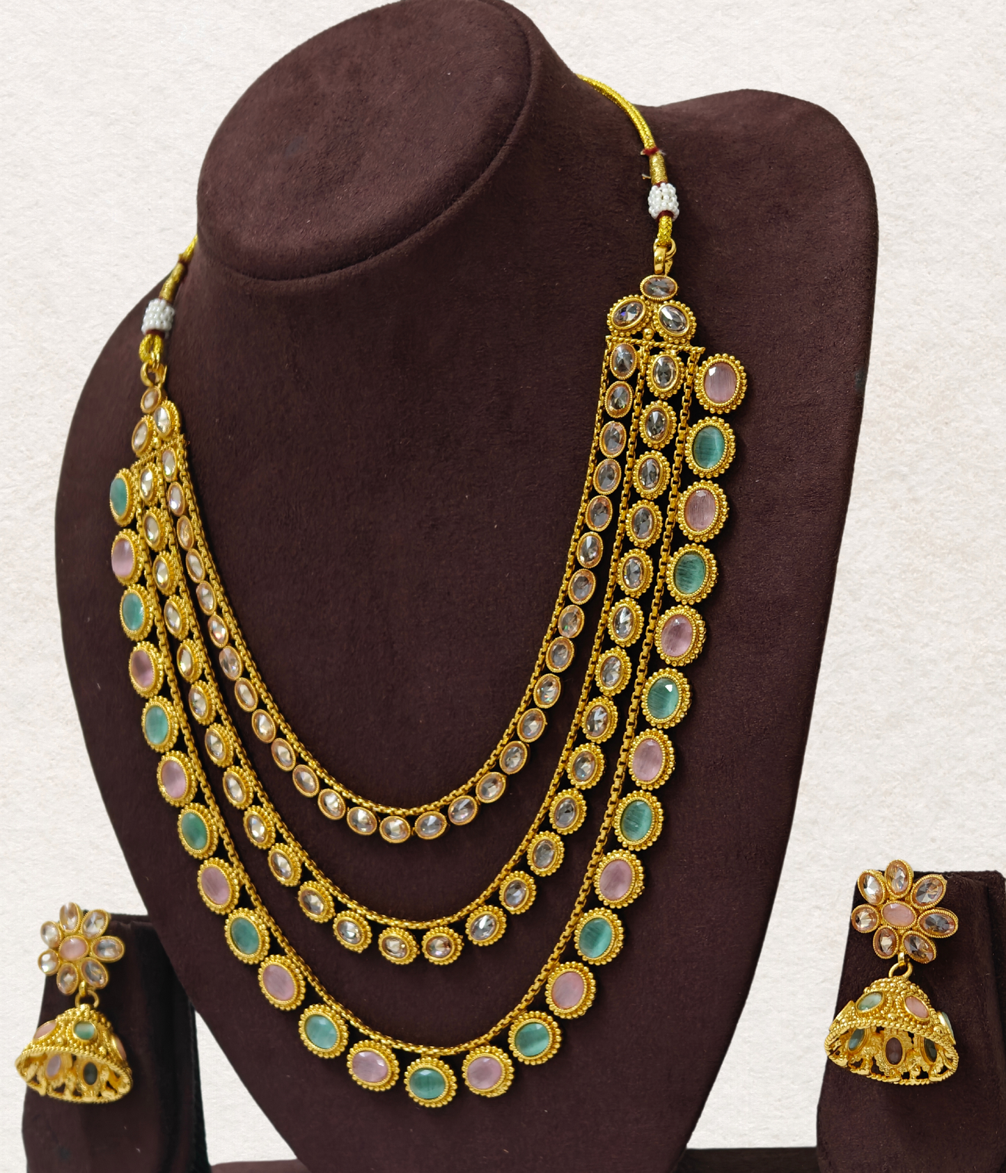 MINT AND PINK KHYATI THREE LAYERED JEWELLERY SET